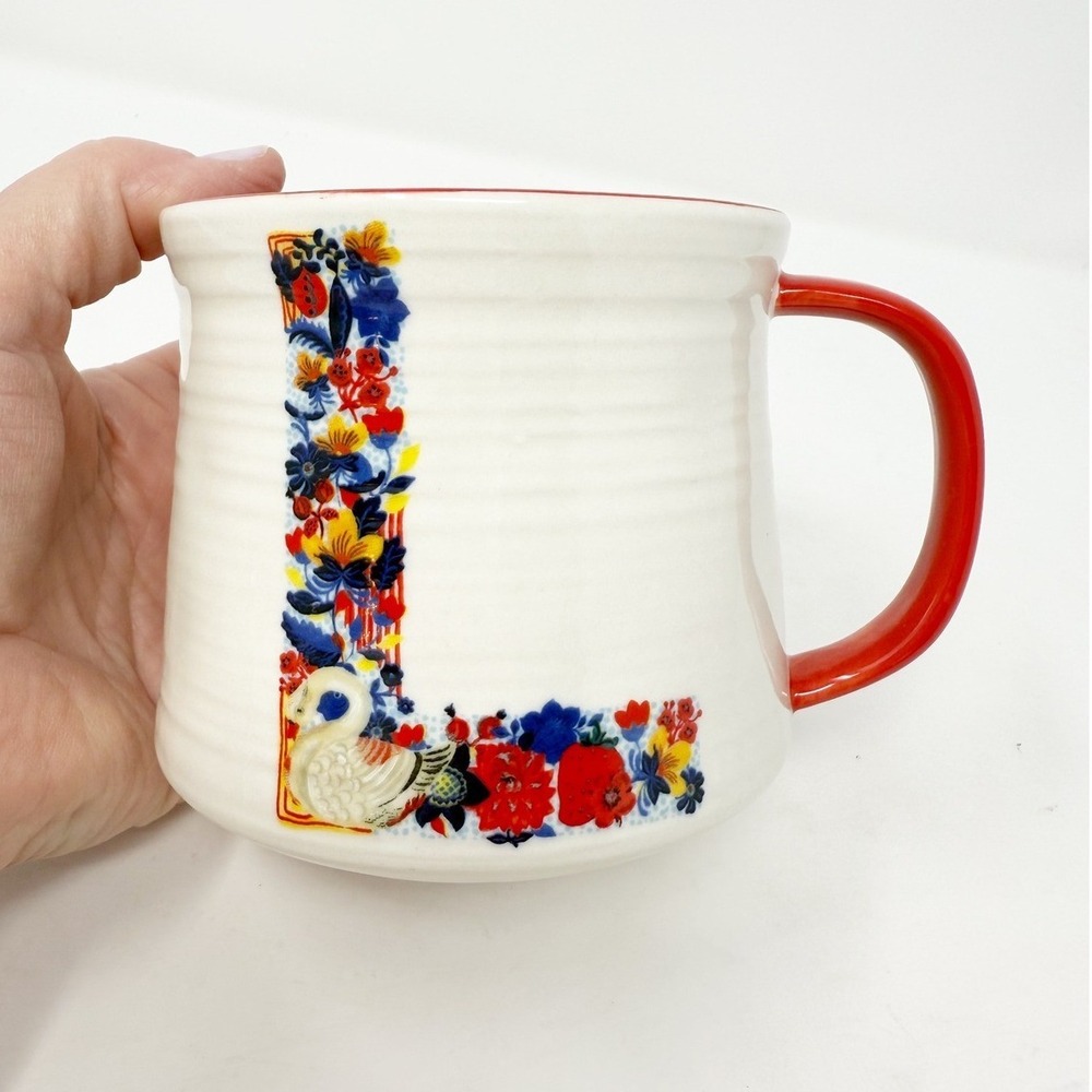 Anthropologie Nathalie Lete Monogram Initial Floral "L" Mug Cream Red